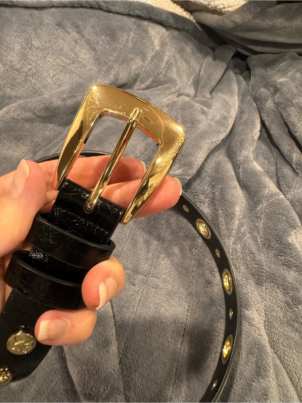 Black Decorative Belt with Gold Floral Stud ; 42 in. EUC